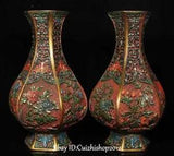 China Wood lacquerware Four 4 Reason Peony Chrysanthemum Flower Vase Bottle Pair