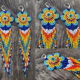 Huichol flower earrings, Mexican earrings, flower earrings dangle, Floral earrings fringe, Huichol jewelry, seed beaded earrings, boho style
