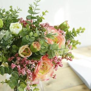 2Bunches Eucalyptus Flowers Yellow Silk Ranunculus Pink Wholesale Artificial Flowers for Wedding Bouquets Arrangements Centerpieces