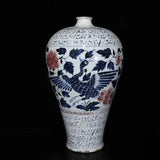 13" Chinese Porcelain Yuan dynasty Blue white red phoenix peony flower Pulm Vase