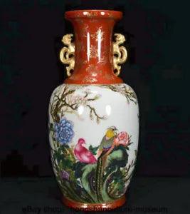 12.4 " Qianlong Marked Colour Enamel Porcelain Dynasty Peony Flower Bird Vase