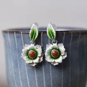 Real Solid 925 Sterling Silver Stud Lucky Enamel Agate Peony Flower Earrings