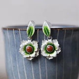 Real Solid 925 Sterling Silver Stud Lucky Enamel Agate Peony Flower Earrings