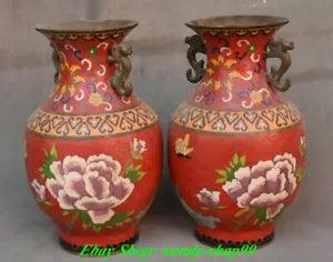 Qianlong Marked Dynasty Cloisonne Bronze Peony Butterfly Flower Vase Bottle Pair