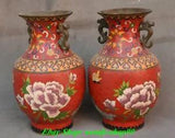 Qianlong Marked Dynasty Cloisonne Bronze Peony Butterfly Flower Vase Bottle Pair