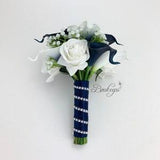 CHOOSE RIBBON COLOR - Navy Blue and White Calla Lily and Rose Bouquet, Navy Blue Bridesmaid Bouquet, Calla Lily Bouquet, Baby's Breath