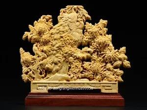 China Boxwood Wood Hand Carved Peony Flower Peacock Peafowl Bird Animal Statue