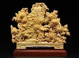 China Boxwood Wood Hand Carved Peony Flower Peacock Peafowl Bird Animal Statue