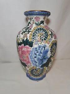 Vintage Andrea by Sadek "Victorian Morland" Faience Peony Floral Vase Large 12"