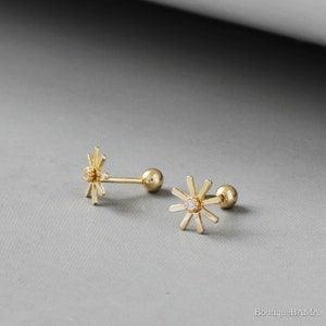 Sunflower Earrings, 14K Solid Gold Jewelry with CZ Inlay, Dainty Gold Jewelry, Mini Piercing Studs with Screw Backs, Gift for Her