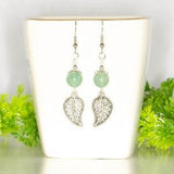 Natural Aventurine Earrings, Green Gemstone and Tibetan Silver Leaf Earrings, Cool casual crystal earrings, Botanical earrings for gardener