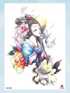 sexy party favor sexy geisha woman peony flower large 8.25" temporary tattoo