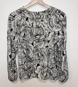 MELLODAY Cream/Black Floral Peonies Pattern Long Sleeve Popover Blouse Sz XS EUC