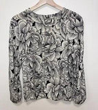 MELLODAY Cream/Black Floral Peonies Pattern Long Sleeve Popover Blouse Sz XS EUC