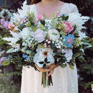 B67 Wedding Flower Bridal Bouquet Faux Silk Boho Dusty Blue Rose Mauve Pink Hypericum Berries Pampas Baby??s Breath Whimsical Wild Elopement