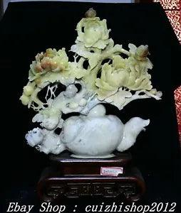 17" China Natural Green Xiu Jade Peony Flower Bird Wine Tea Pot Flagon Sculpture