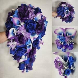 Purple Royal Blue Rose Calla Lily Bridal Wedding Bouquet Accessories
