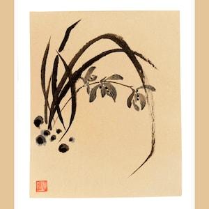 Orchids. Traditional Japanese art. Chinese ink painting. Unframed