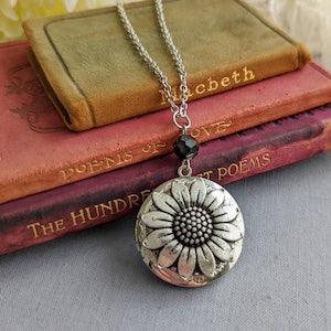 Sunflower Locket, Silver Sunflower Necklace, Round Silver Locket, Keepsake Necklace, Photo Locket, Gift for Her