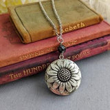 Sunflower Locket, Silver Sunflower Necklace, Round Silver Locket, Keepsake Necklace, Photo Locket, Gift for Her