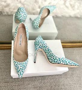 Manolo Blahnik *NIB* 37 - Bb Blue Carnation Cotton Pump Heel - 100mm