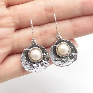 925 Sterling Silver Vintage Israel Real Pearl Water Lily Dangle Drop Earrings