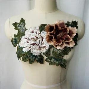 3D Peony Flower Leaf Lace Embroidered Gown Fabric Patch Wedding Dress Decoration