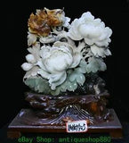 16.5" Chinese Natural Xiu Jade Carving Rich Peony Flower Bird Statue Sculpture