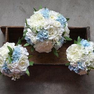 Ivory Blue Bridal Bouquets, Rustic Silk Bridal Bouquets, Blue Hydrangeas , Ivory White Roses, Light Blue Bouquets, Boutonnieres