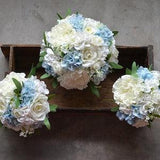 Ivory Blue Bridal Bouquets, Rustic Silk Bridal Bouquets, Blue Hydrangeas , Ivory White Roses, Light Blue Bouquets, Boutonnieres