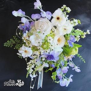 Artificial sweet pea bouquet, faux ranunculus bouquet, real touch white rose, faux clematis, white lavender theme bouquet, faux Ornithogalum