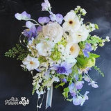 Artificial sweet pea bouquet, faux ranunculus bouquet, real touch white rose, faux clematis, white lavender theme bouquet, faux Ornithogalum
