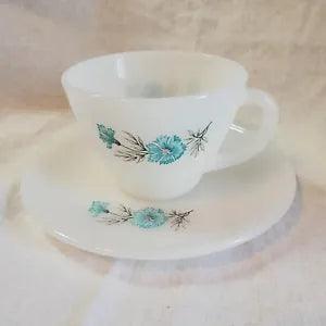 Vintage Fire King Bonnie Blue Carnation Flower Coffee Tea Cup & Saucer Set
