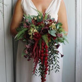 Emerald green burgundy wedding bouquet, Cascading bouquet, Fall wedding bouquet, Winter bouquet