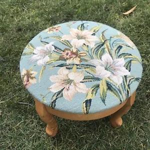 Cottage Style Needlepoint Of Lilies On A Solid Wood Footstool