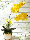 Large artificial Yellow Orchid Flowers Arrangement in Ceramic decorated Vase