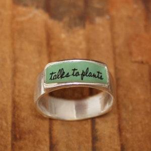 Talks to Plants Band Ring - Sterling Silver and Vitreous Enamel Talks to Plants Ring for Men and Women - Gift for Gardener - Green Thumb