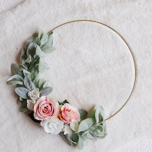 Gold Floral Hoop | Lambs Ear Wreath | Flower Wall Hanging | Rose Wreath | Baby Girl Wreath | Nursery Hoop Wreath | Bridal Bouquet