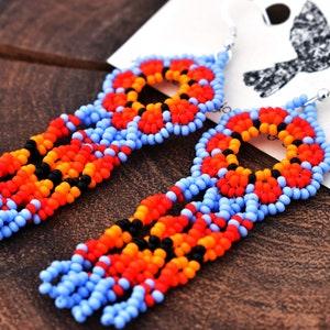 Violet and Orange Huichol Flower Earrings, Native American Beaded Earrings, Seed Bead Earrings, Huichol Beadwork, Native American Beadwork