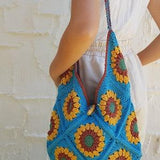 SUNFLOWER Totebag, Crochet Blue Floral Bag, Bohemian Knit Bag, Handmade Cotton Bag, Hippie, Summer, Beach Bag, Gift Idea, Express Shipping