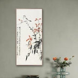 Antique taste vertical bird-and-flower painting art print, Zhang Daqian,?????t?~???B, red leaves, bamboo brush painting,  canvas print DQBT