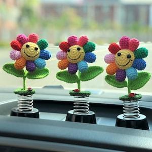 Crochet Smiley Sunflower Car Dashboard Decor, Bobblehead Rainbow Sunfower Car Accessory, Car Interior Accessory for Women, Car Air Freshener