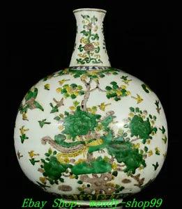 16" DaMing Jiajing Marked Sancai Porcelain Phoenix Bird Peony Flower Vase Bottle