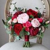 Red roses and pink peonies silk flowers bridal bouquet-Faux flower bridal bouquet-Destination bouquet