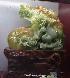 14" Unique Natural Jade Carved Phoenix Bird Fenghuang Play Peony Flower Statue