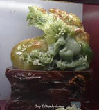 14" Unique Natural Jade Carved Phoenix Bird Fenghuang Play Peony Flower Statue