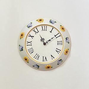 Vtg Ceramic Clock Hand Painted w/ Relief Floral Sunflower & Violet Motif Vintage Wall Dish Clock