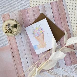 Watercolor illustration  bouquet of flowers, flowers for you, greeting card. Eco friendly plantable card. Wildflower seed paper card
