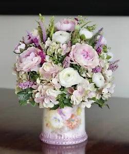 Vintage Bonn Pottery Lidded Floral Bowl With Silk Pink Ranunculus Arrangement