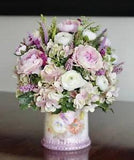 Vintage Bonn Pottery Lidded Floral Bowl With Silk Pink Ranunculus Arrangement